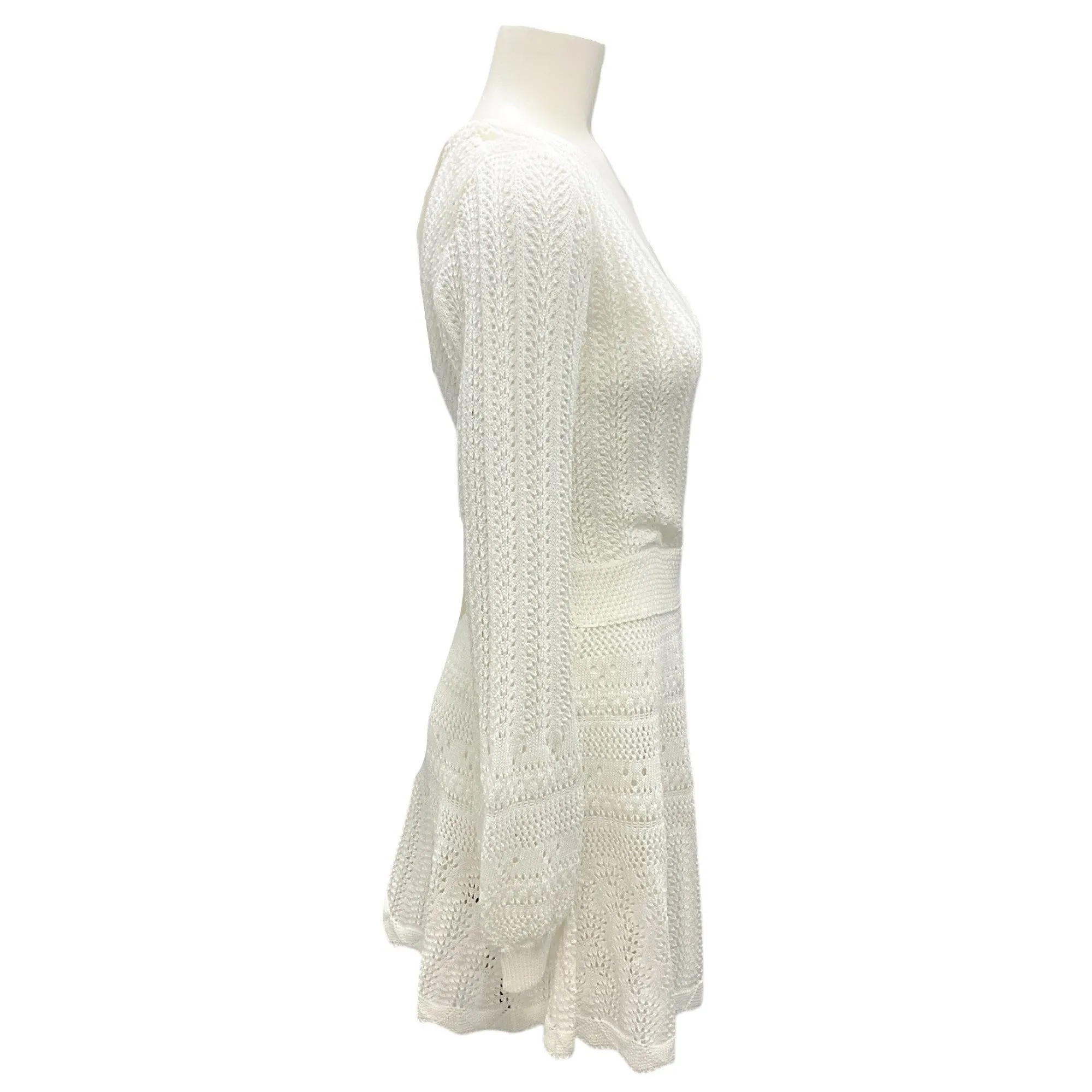 Alexis White Long Sleeved V-Neck Crochet Knit Mini Dress