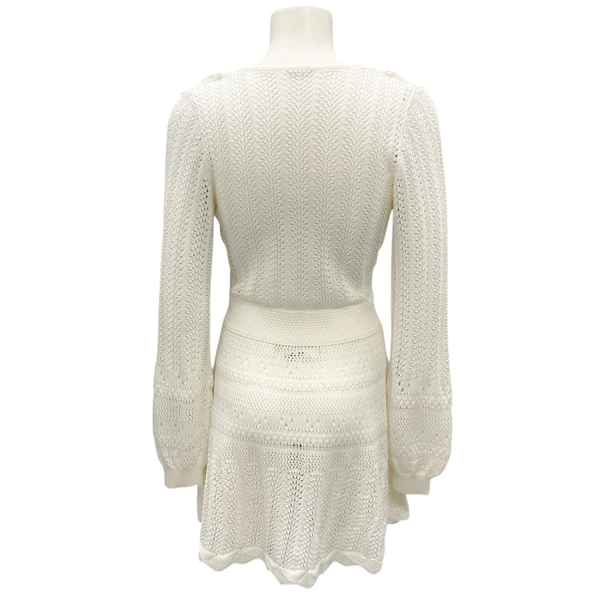 Alexis White Long Sleeved V-Neck Crochet Knit Mini Dress