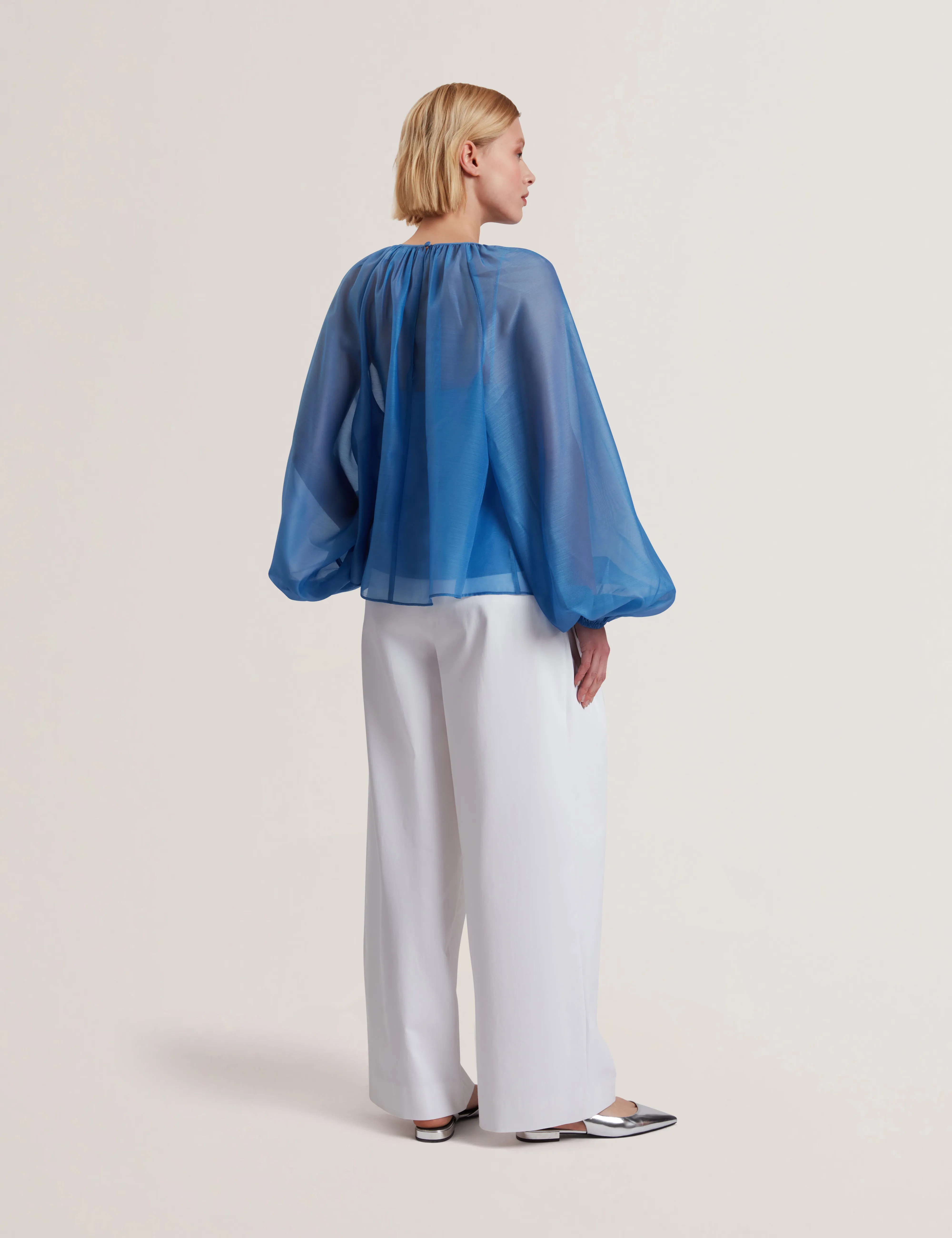 Alria Printed Organza Puff Sleeve Blouse Mid-Blue