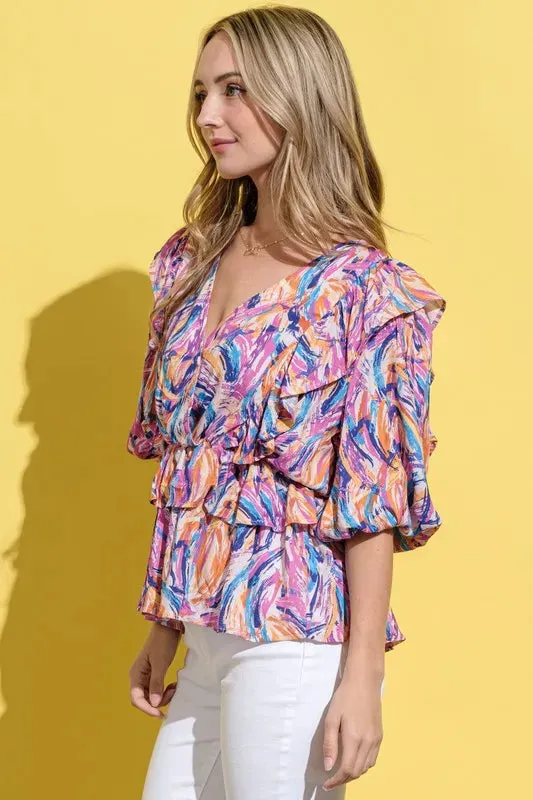 And The Why Printed Lantern Sleeve Blouse
