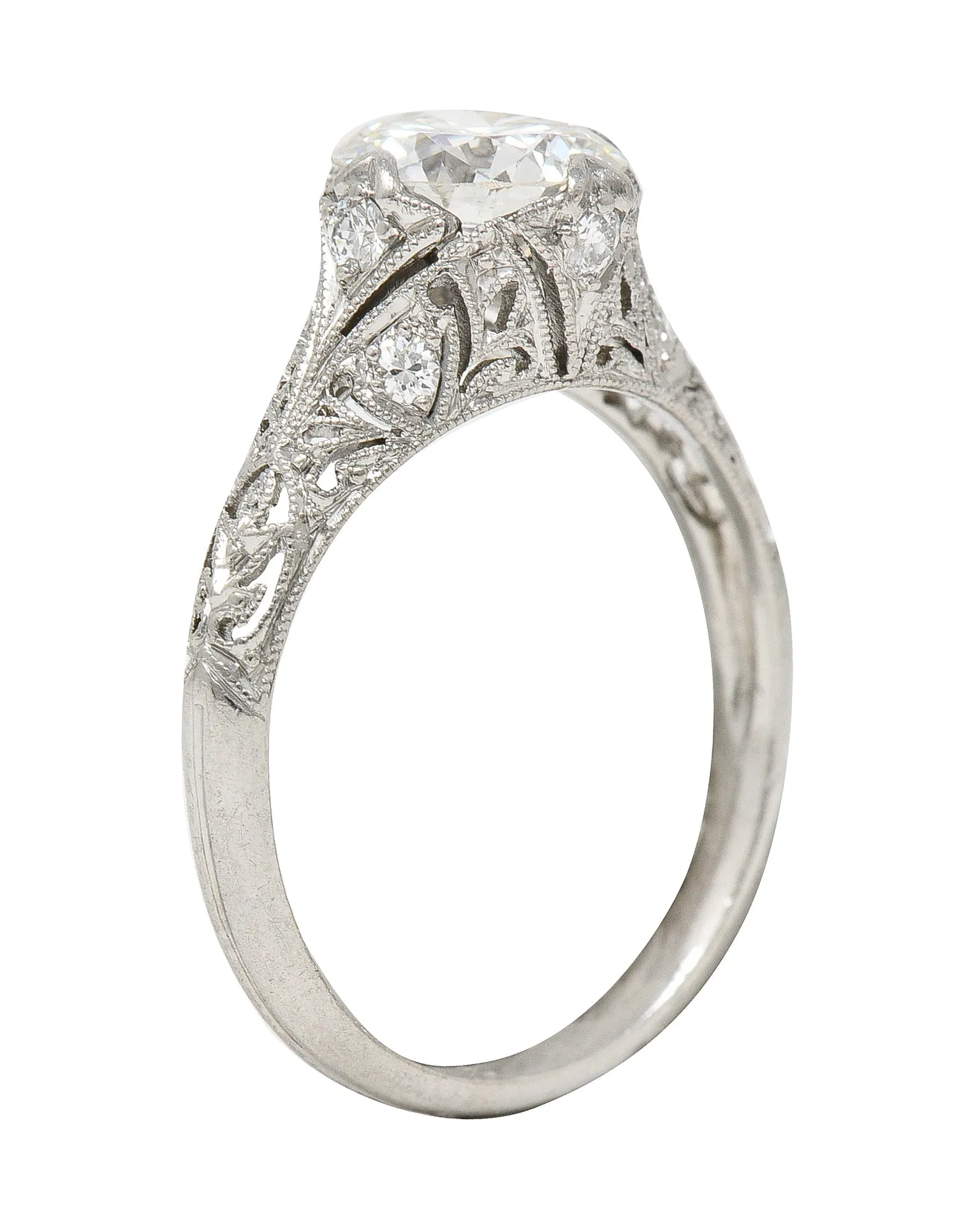 Art Deco 1.44 CTW Old European Cut Diamond Platinum Fleur-De-Lis Engagement Ring