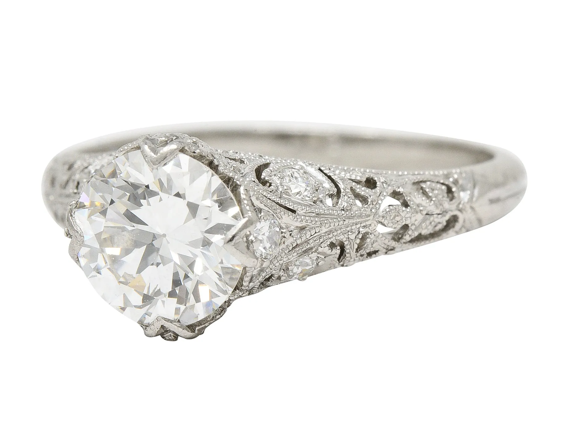 Art Deco 1.44 CTW Old European Cut Diamond Platinum Fleur-De-Lis Engagement Ring