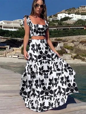 BerryBetty - Floral Crop Top And High Haisted Long Skirts Sets