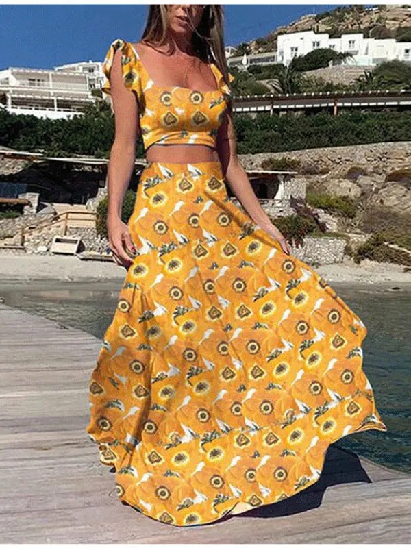 BerryBetty - Floral Crop Top And High Haisted Long Skirts Sets
