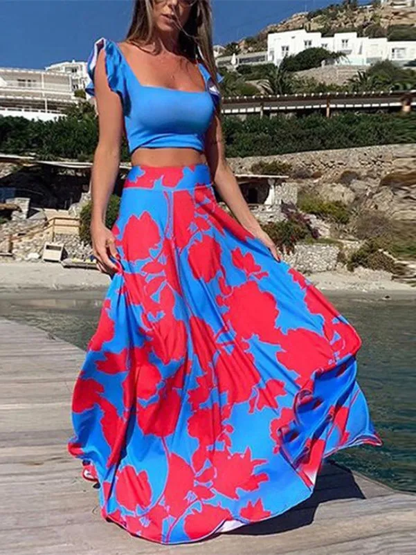 BerryBetty - Floral Crop Top And High Haisted Long Skirts Sets