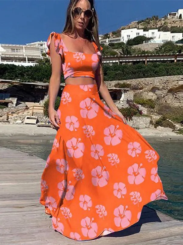 BerryBetty - Floral Crop Top And High Haisted Long Skirts Sets