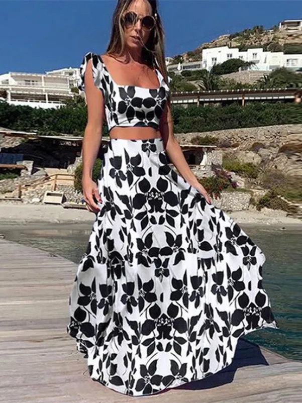 BerryBetty - Floral Crop Top And High Haisted Long Skirts Sets