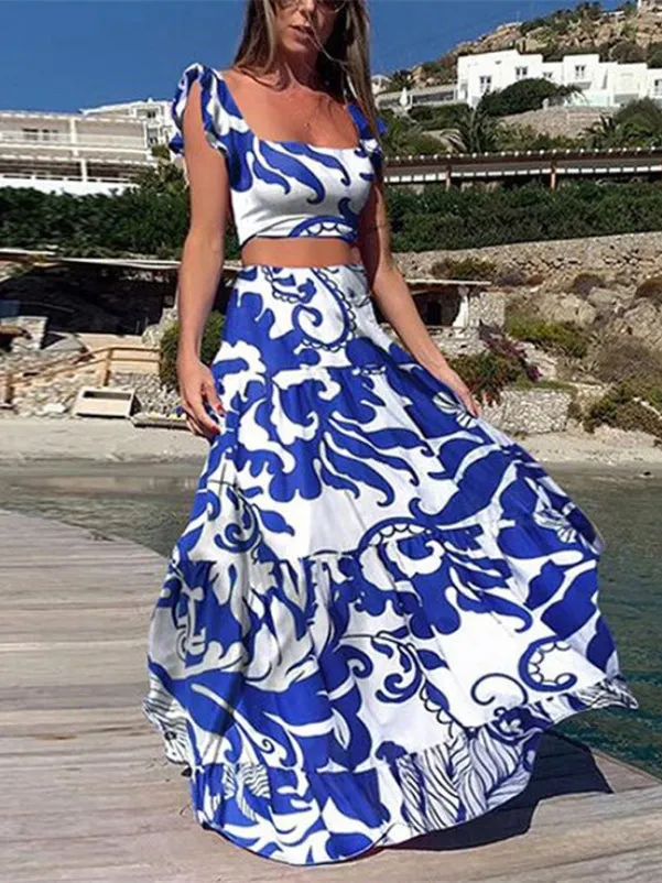 BerryBetty - Floral Crop Top And High Haisted Long Skirts Sets