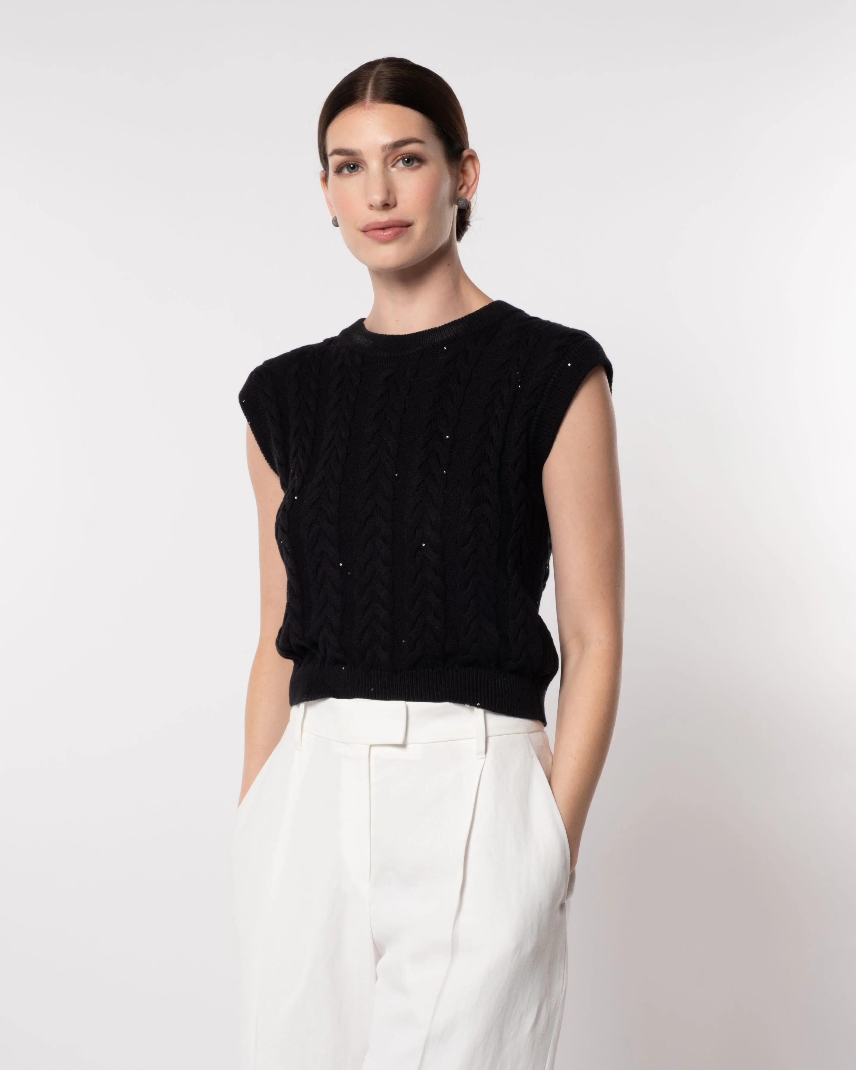 Black Double Cableknit Diamante Tank