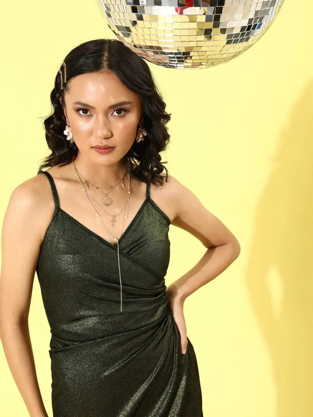 Black Metallic Strappy Wrap Dress