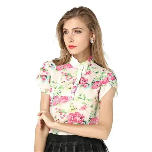 Blouse Women's Shirt Women Printed Collar Short-Sleeve Shoulder Chiffon Blouses