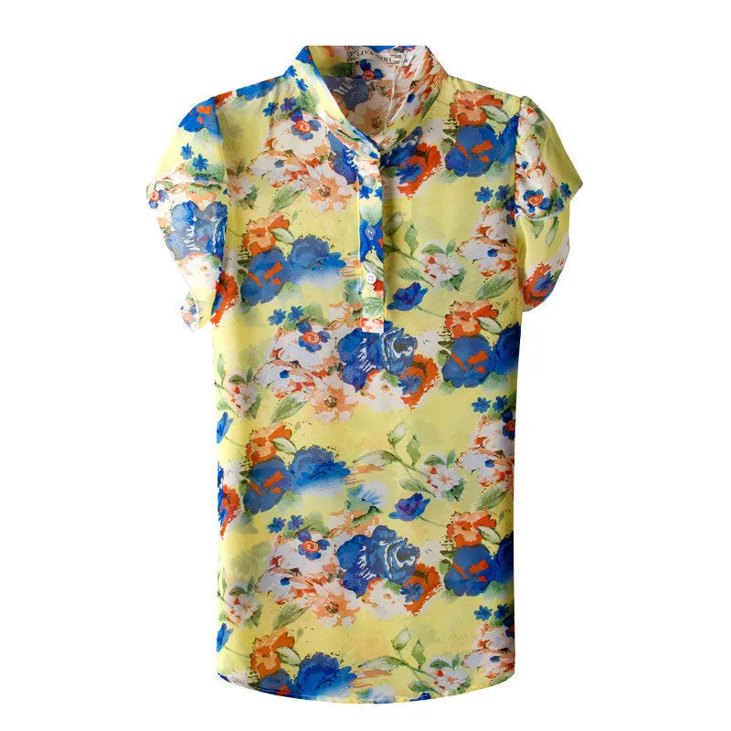 Blouse Women's Shirt Women Printed Collar Short-Sleeve Shoulder Chiffon Blouses