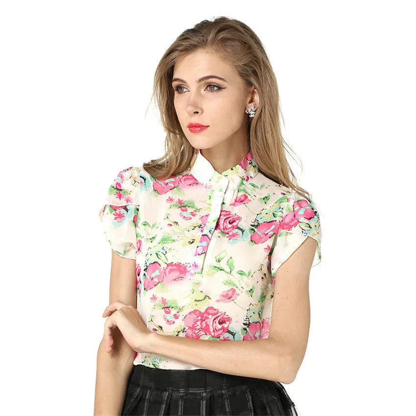 Blouse Women's Shirt Women Printed Collar Short-Sleeve Shoulder Chiffon Blouses