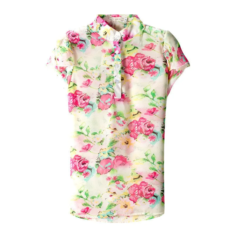 Blouse Women's Shirt Women Printed Collar Short-Sleeve Shoulder Chiffon Blouses