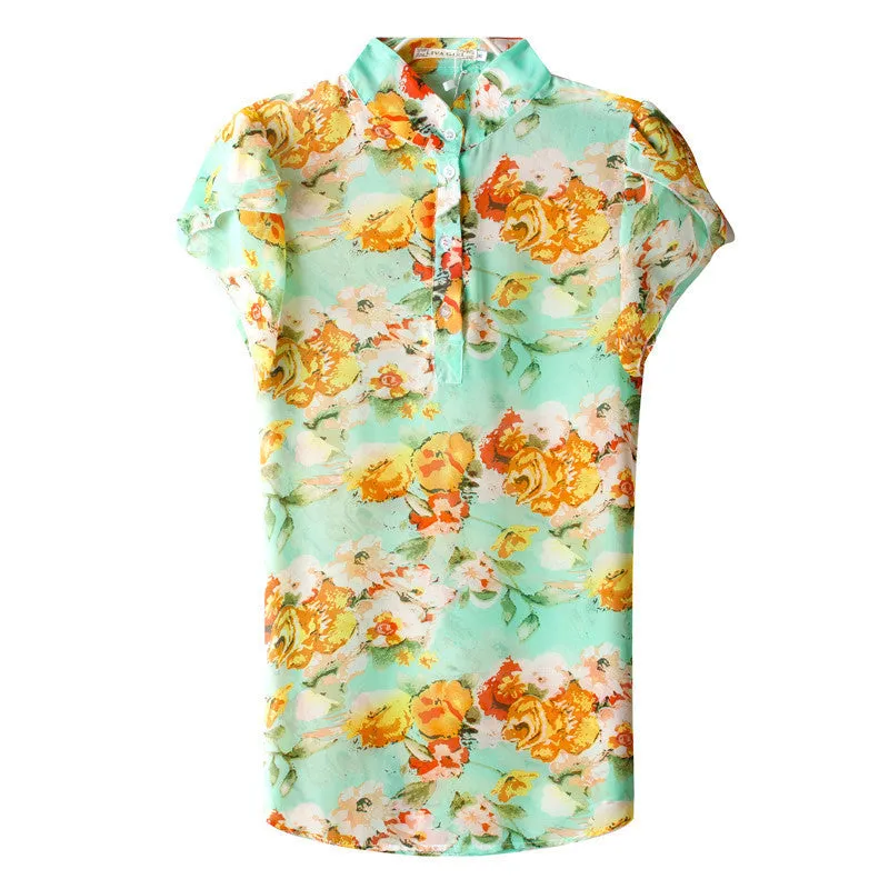 Blouse Women's Shirt Women Printed Collar Short-Sleeve Shoulder Chiffon Blouses