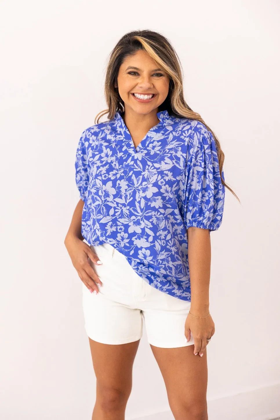 Blue Floral Puff Sleeve Blouse