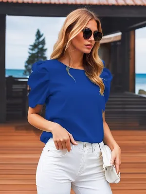 Blue Half Sleeves With Puff Details Top