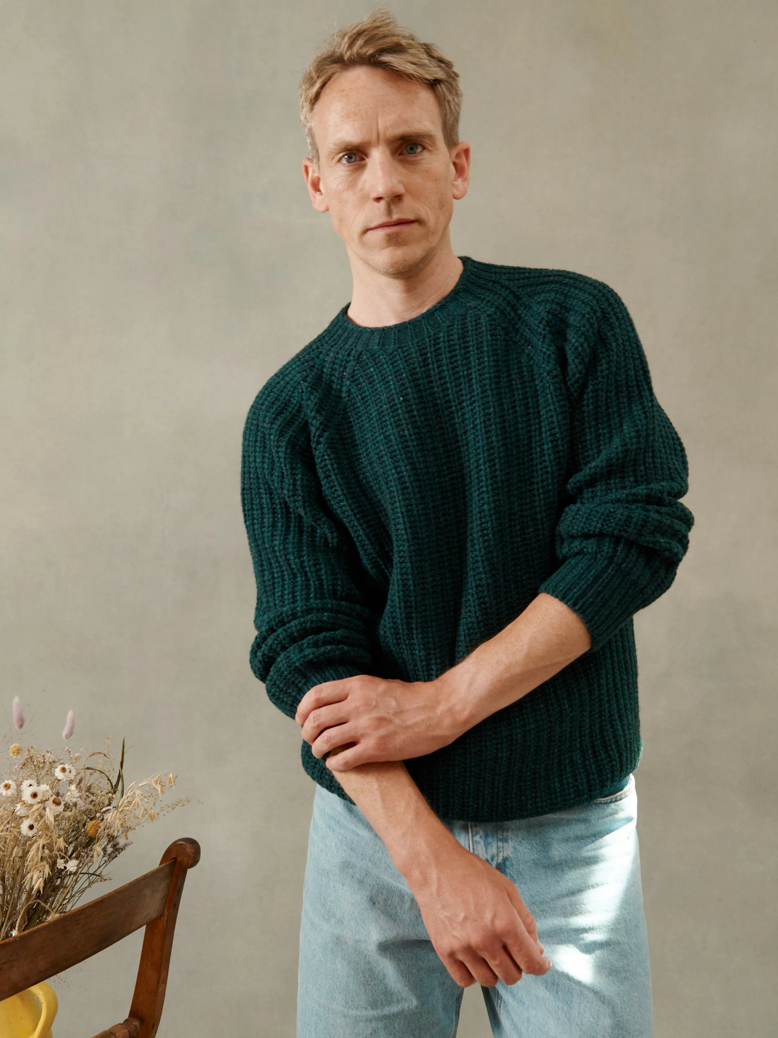 Blue Mogganer Fisherman Ribbed Raglan Chunky Geelong Sweater - Lugano Teal