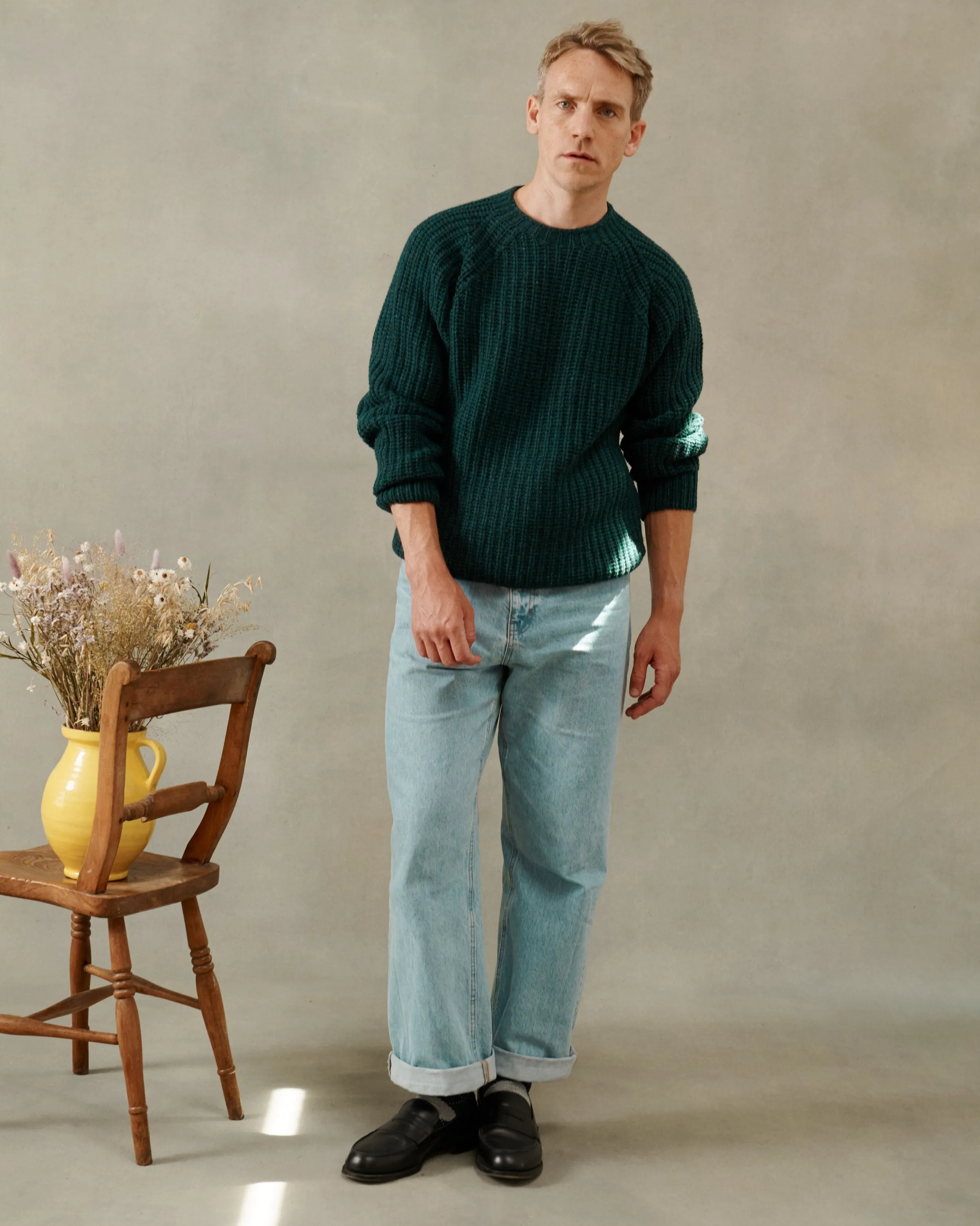 Blue Mogganer Fisherman Ribbed Raglan Chunky Geelong Sweater - Lugano Teal