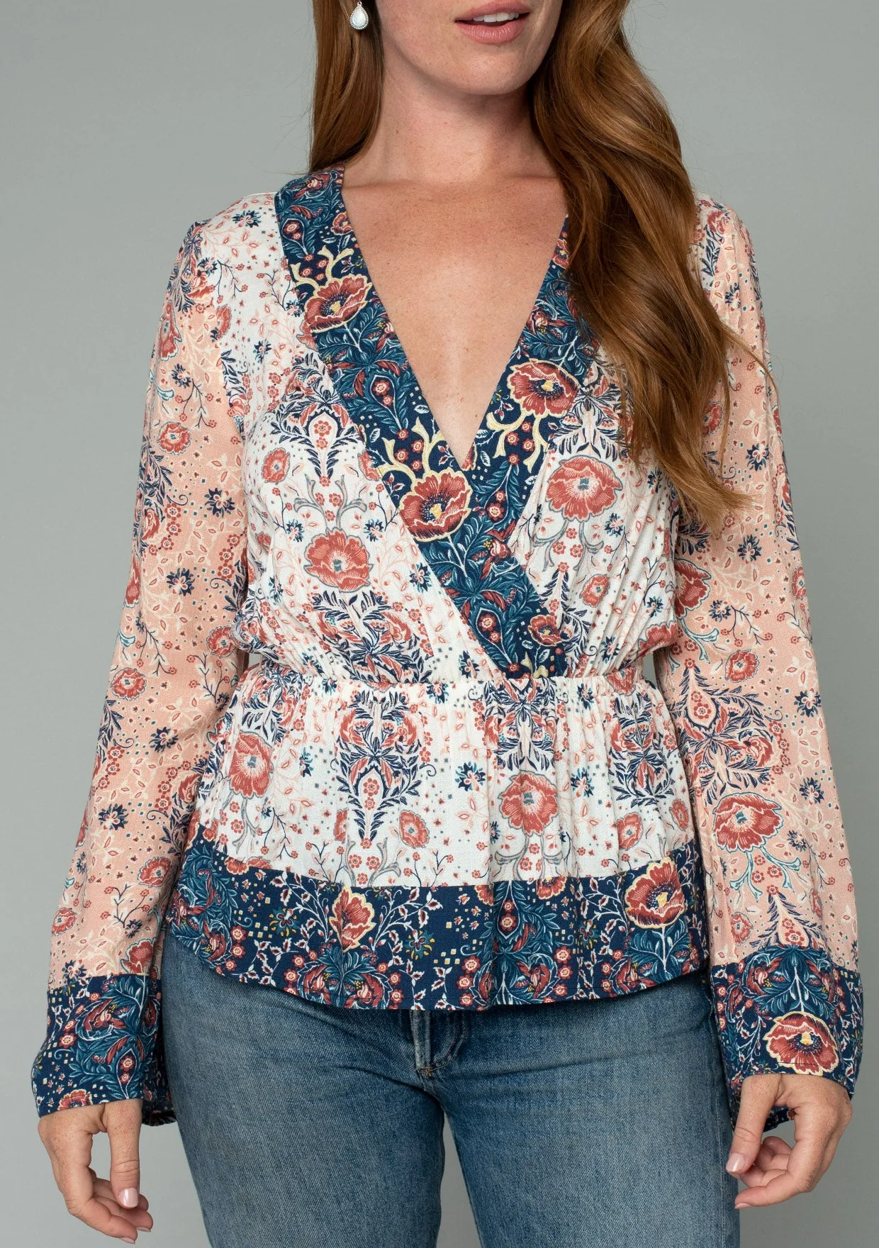 Boho Floral Patchwork Long Sleeve Surplice Blouse