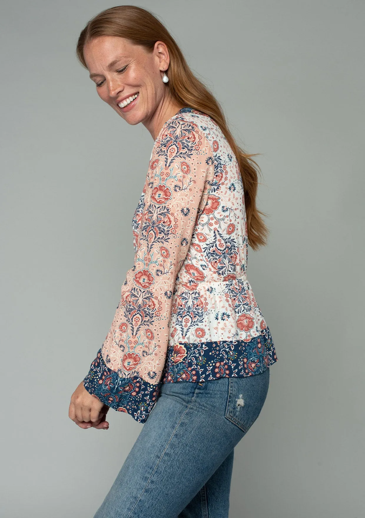 Boho Floral Patchwork Long Sleeve Surplice Blouse