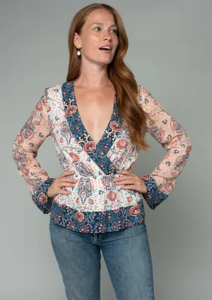 Boho Floral Patchwork Long Sleeve Surplice Blouse