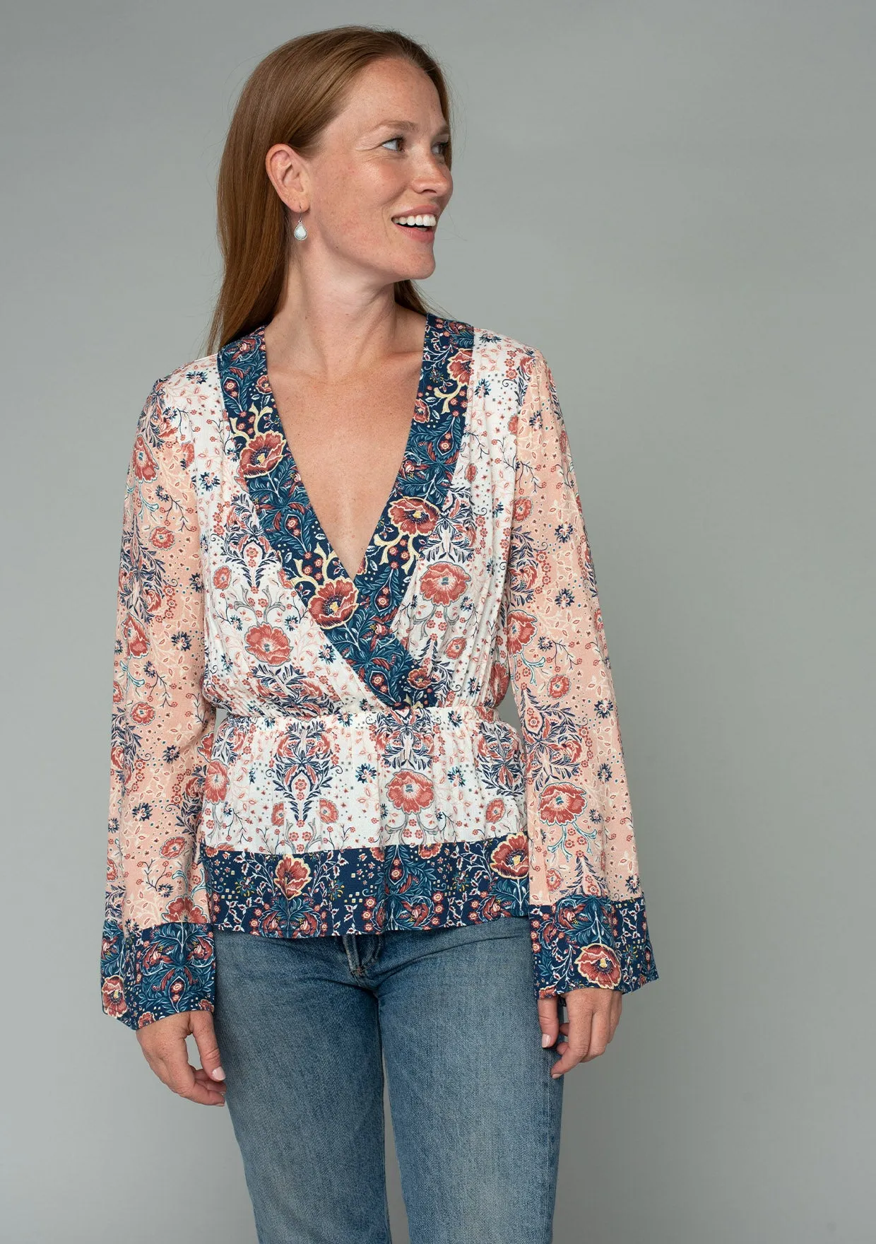 Boho Floral Patchwork Long Sleeve Surplice Blouse