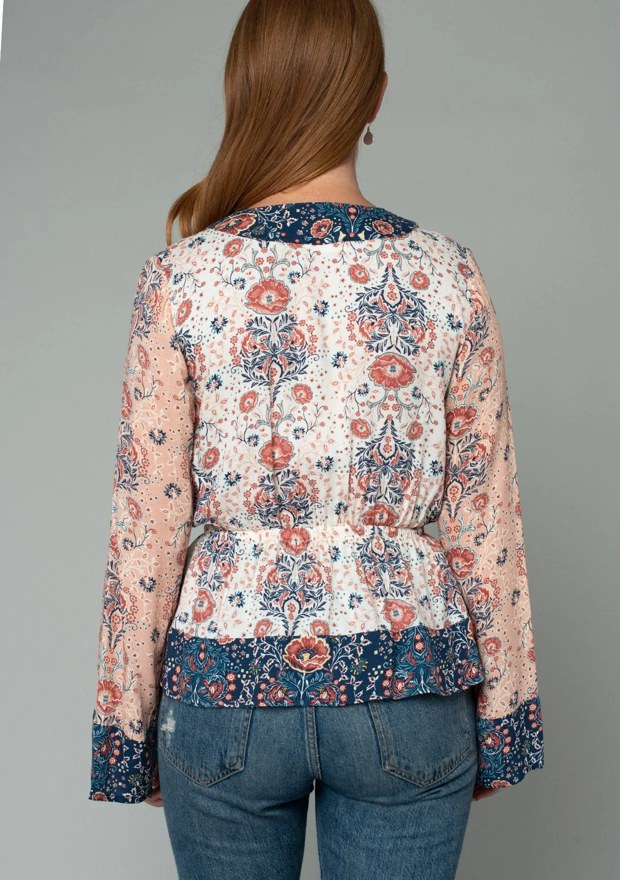Boho Floral Patchwork Long Sleeve Surplice Blouse