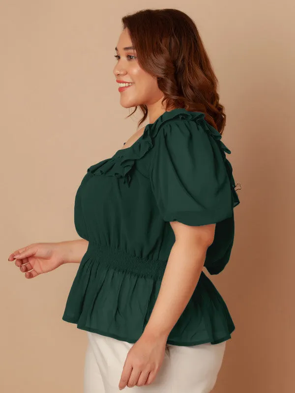 Bottle Green Solid Peplum Top