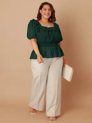 Bottle Green Solid Peplum Top