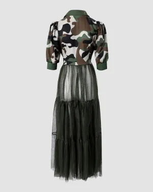 Camouflage Print Contrast Mesh Puff Sleeve Longline Top