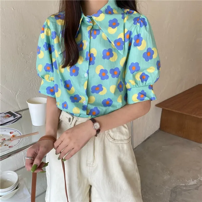 Cartoon Flower Pattern Puff Sleeve Blouse Shirt