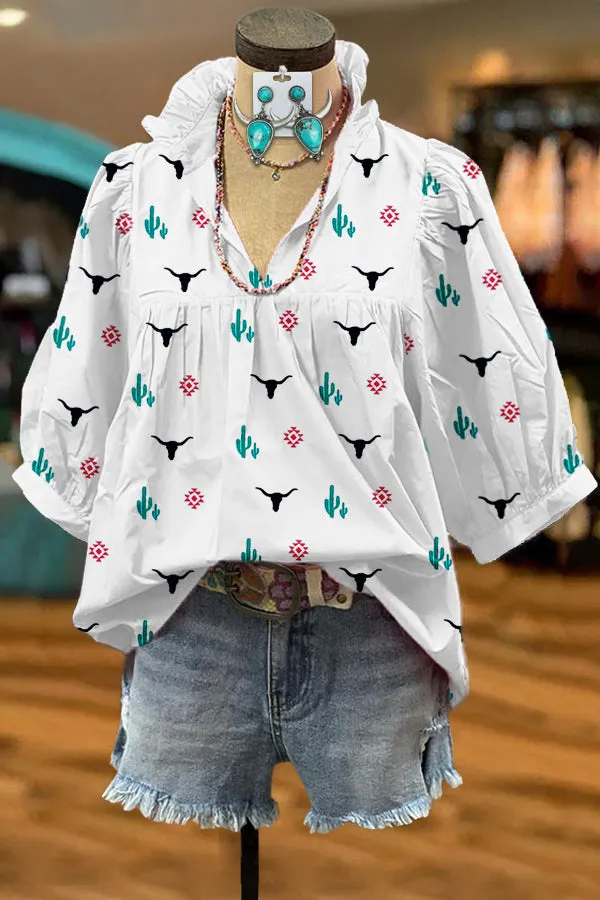 Classic Aztec Longhorn Print Puff Sleeve Blouse