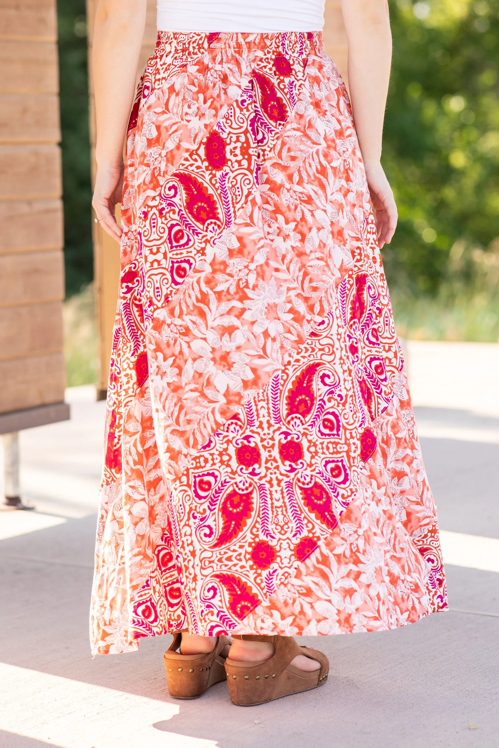 Coral And Orange Floral Print Woven Skirt