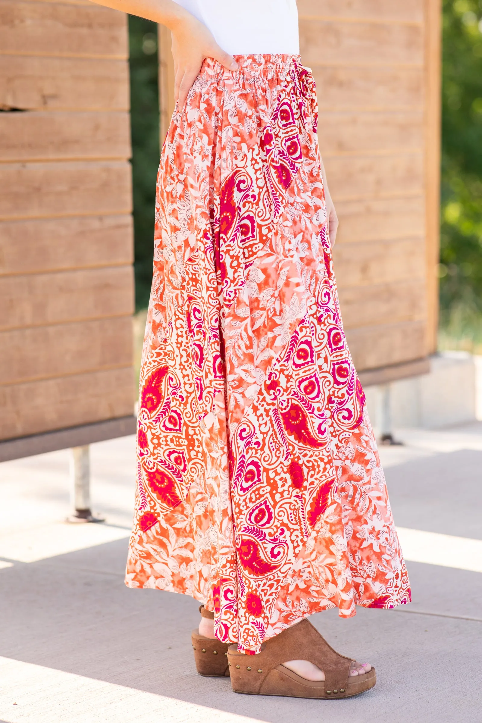 Coral And Orange Floral Print Woven Skirt