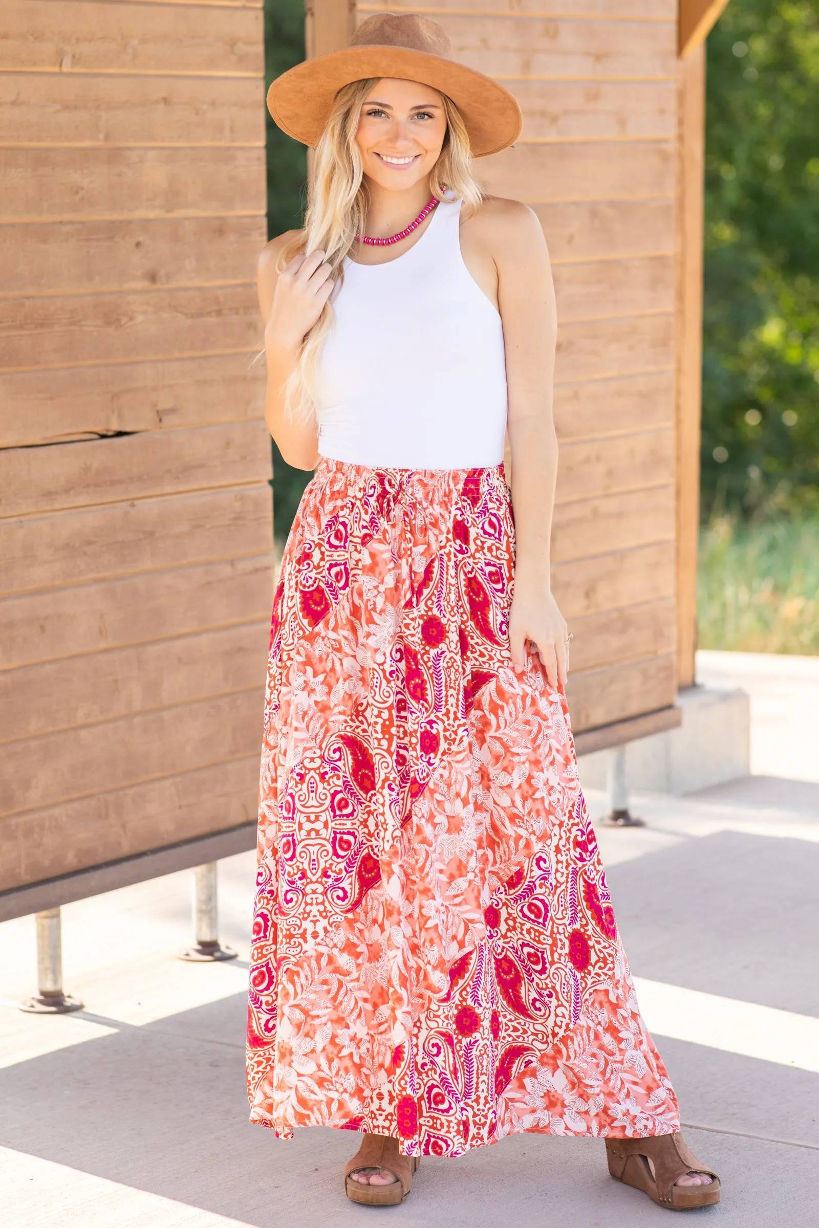 Coral And Orange Floral Print Woven Skirt