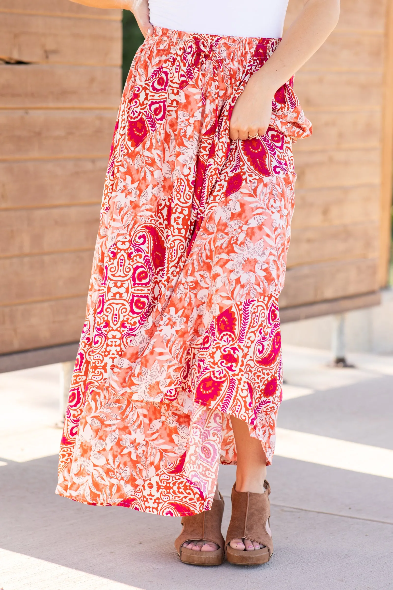 Coral And Orange Floral Print Woven Skirt