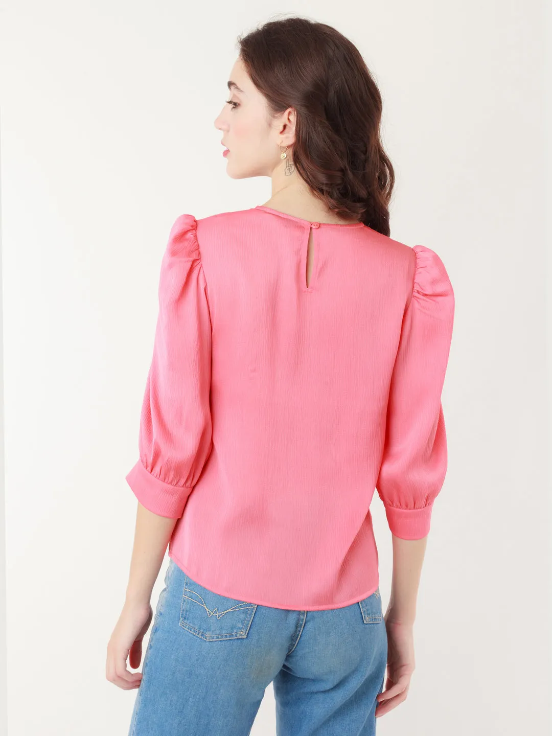Coral Solid Puff Sleeve Shirt