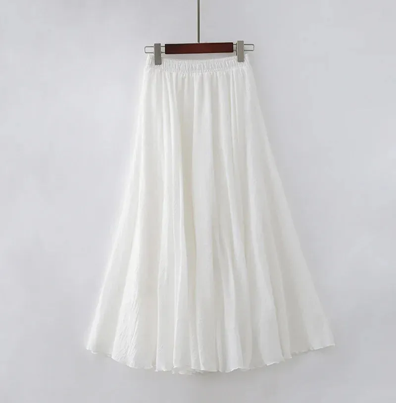Cotton Linen Maxi Skirt Women Elastic High Waist Pleated A-Line Beach Skirts Boho