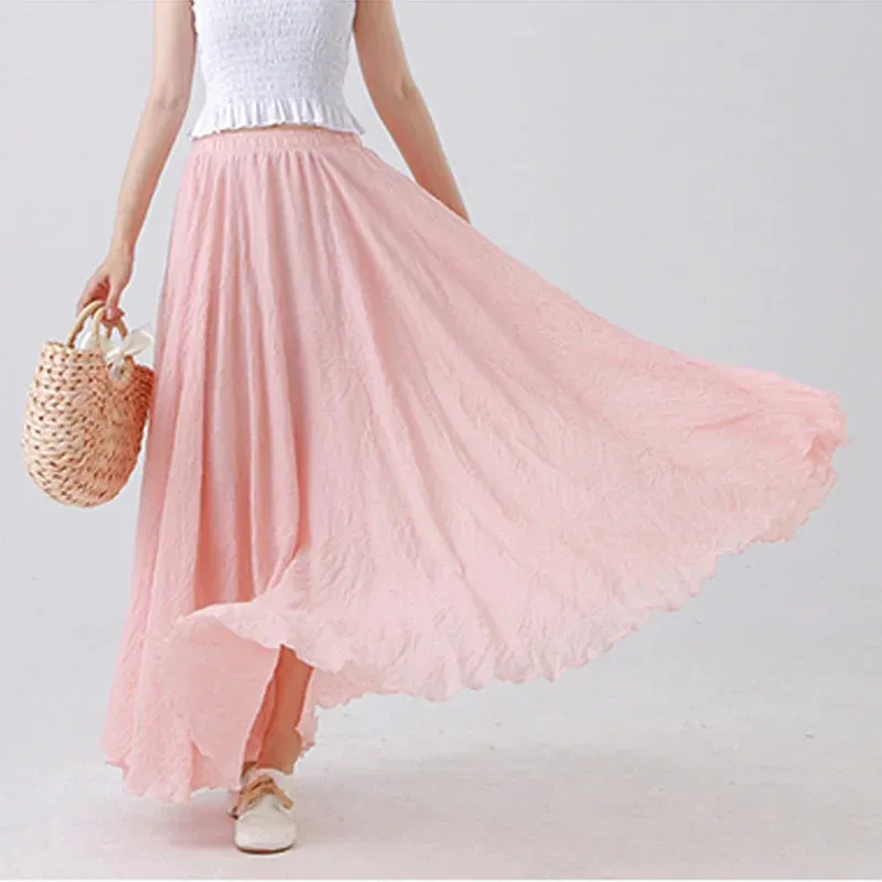 Cotton Linen Maxi Skirt Women Elastic High Waist Pleated A-Line Beach Skirts Boho