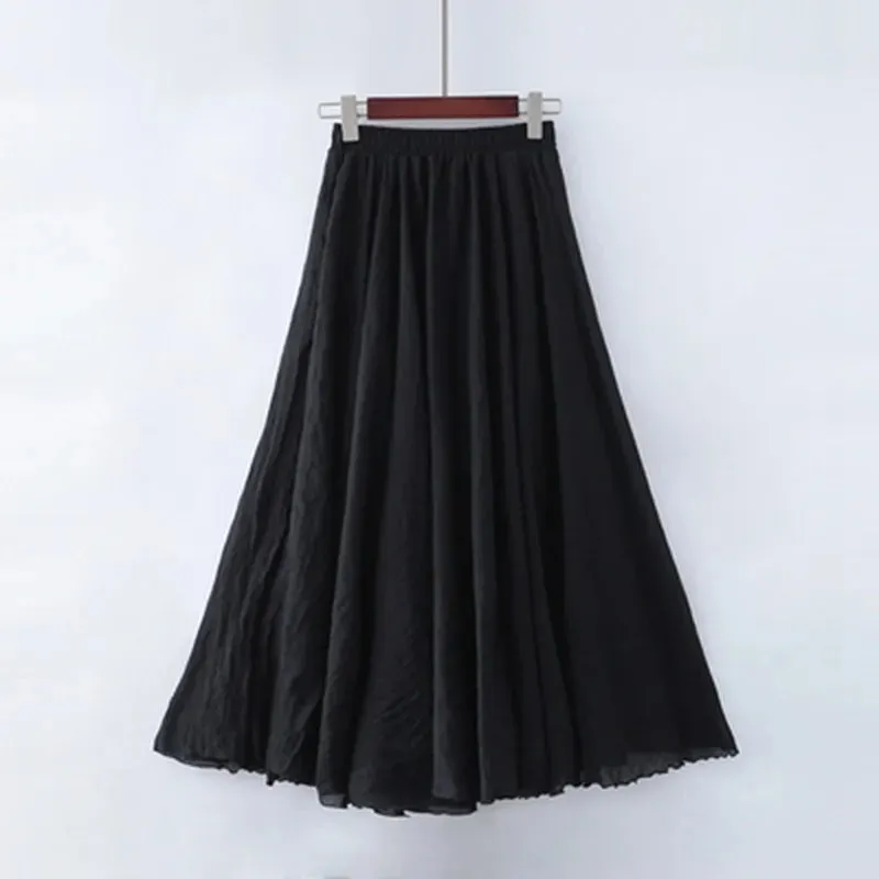 Cotton Linen Maxi Skirt Women Elastic High Waist Pleated A-Line Beach Skirts Boho