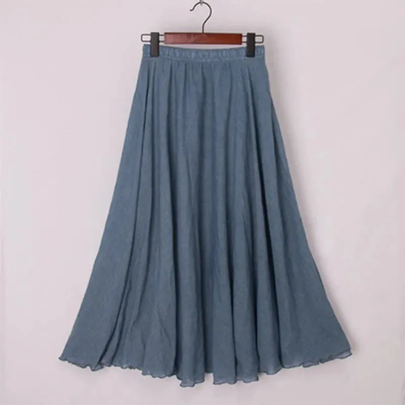 Cotton Linen Maxi Skirt Women Elastic High Waist Pleated A-Line Beach Skirts Boho