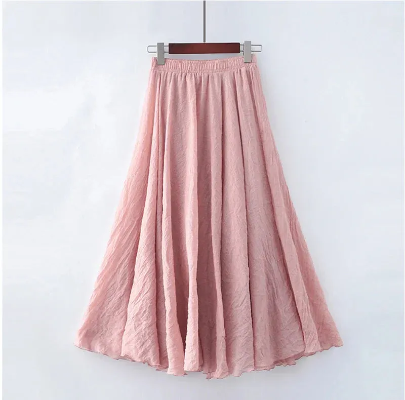 Cotton Linen Maxi Skirt Women Elastic High Waist Pleated A-Line Beach Skirts Boho