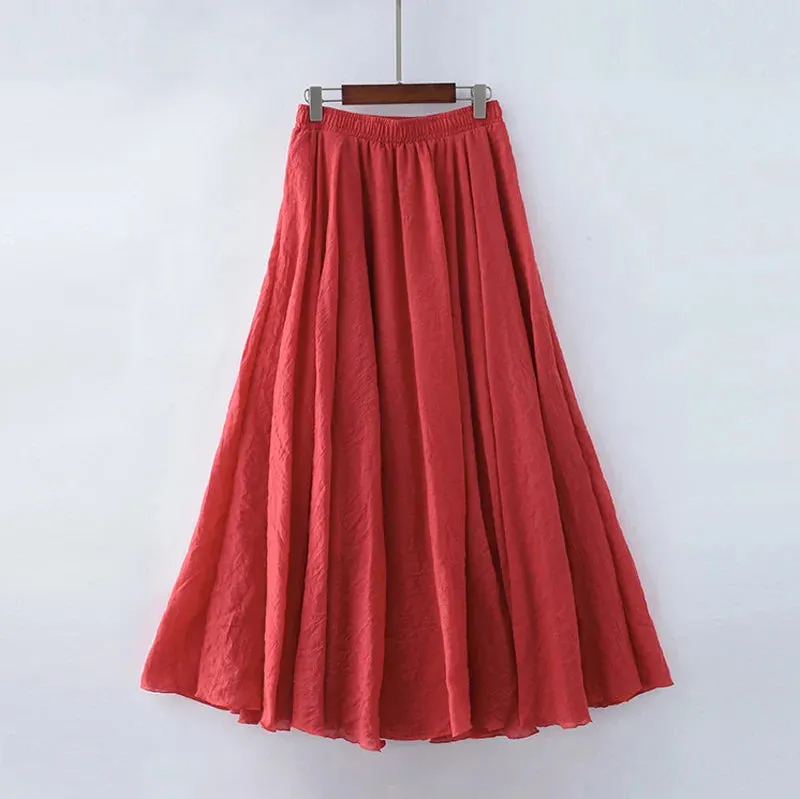 Cotton Linen Maxi Skirt Women Elastic High Waist Pleated A-Line Beach Skirts Boho