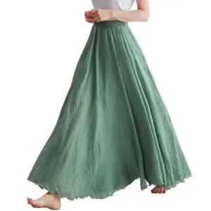 Cotton Linen Maxi Skirt Women Elastic High Waist Pleated A-Line Beach Skirts Boho