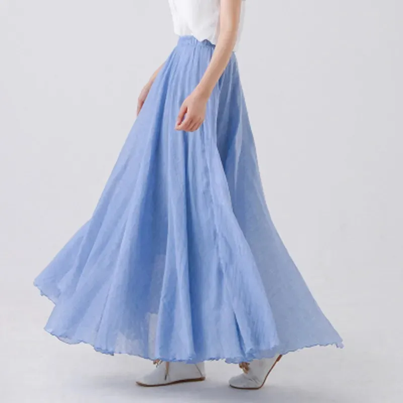 Cotton Linen Maxi Skirt Women Elastic High Waist Pleated A-Line Beach Skirts Boho