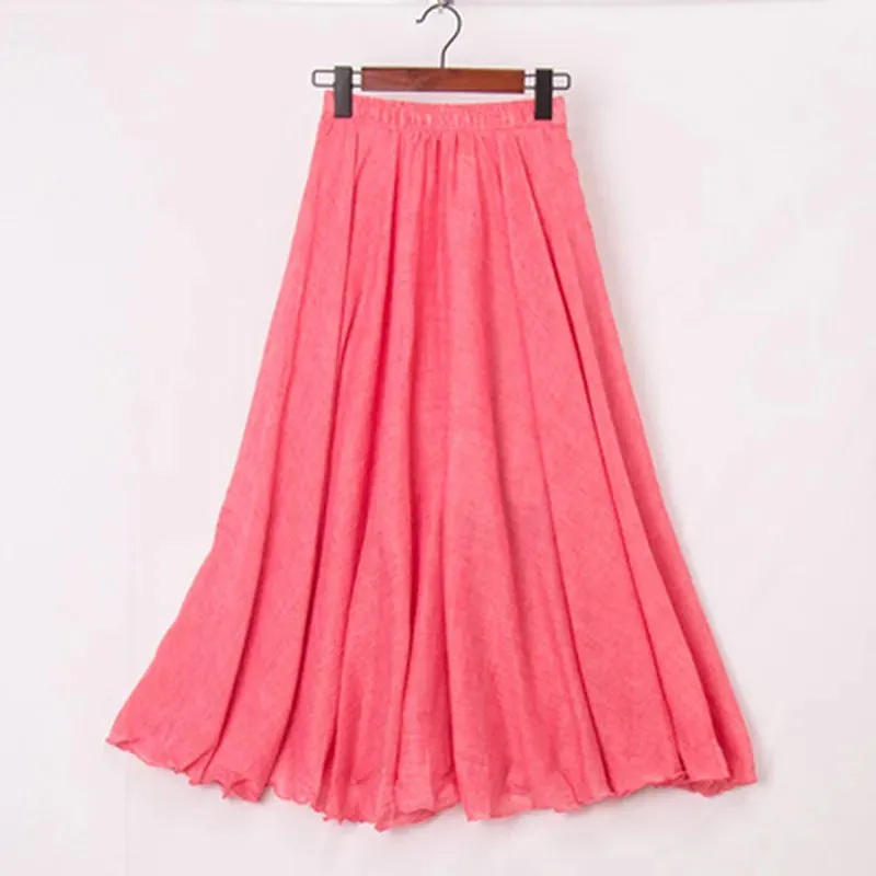 Cotton Linen Maxi Skirt Women Elastic High Waist Pleated A-Line Beach Skirts Boho