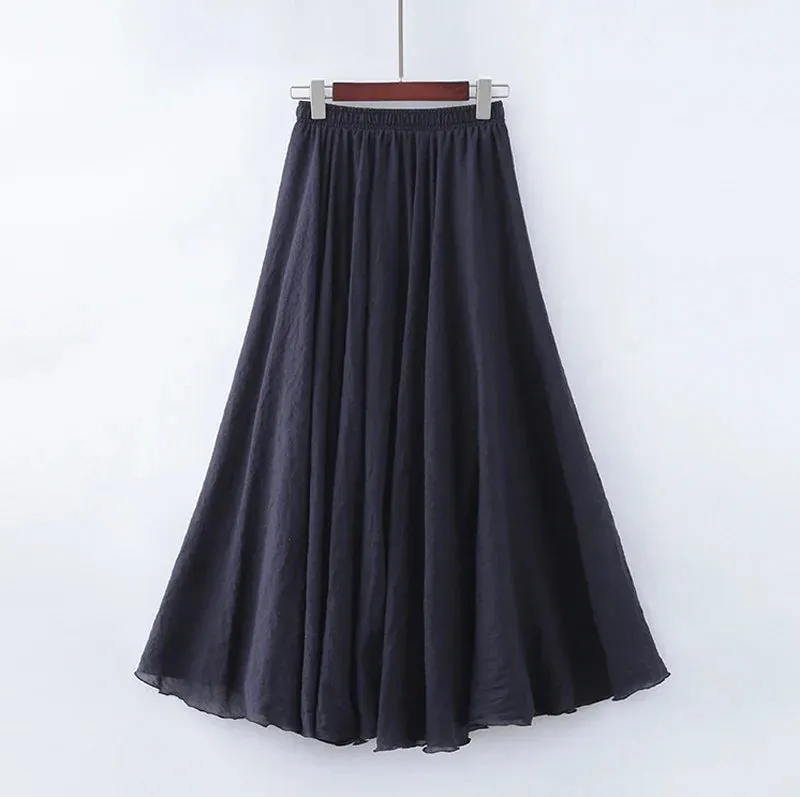 Cotton Linen Maxi Skirt Women Elastic High Waist Pleated A-Line Beach Skirts Boho