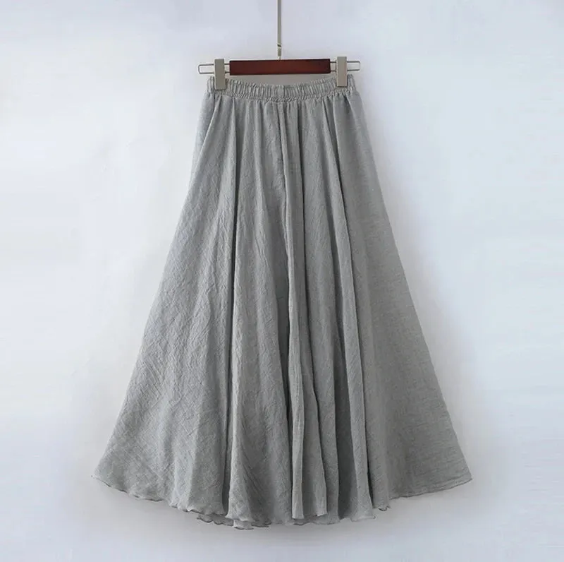 Cotton Linen Maxi Skirt Women Elastic High Waist Pleated A-Line Beach Skirts Boho