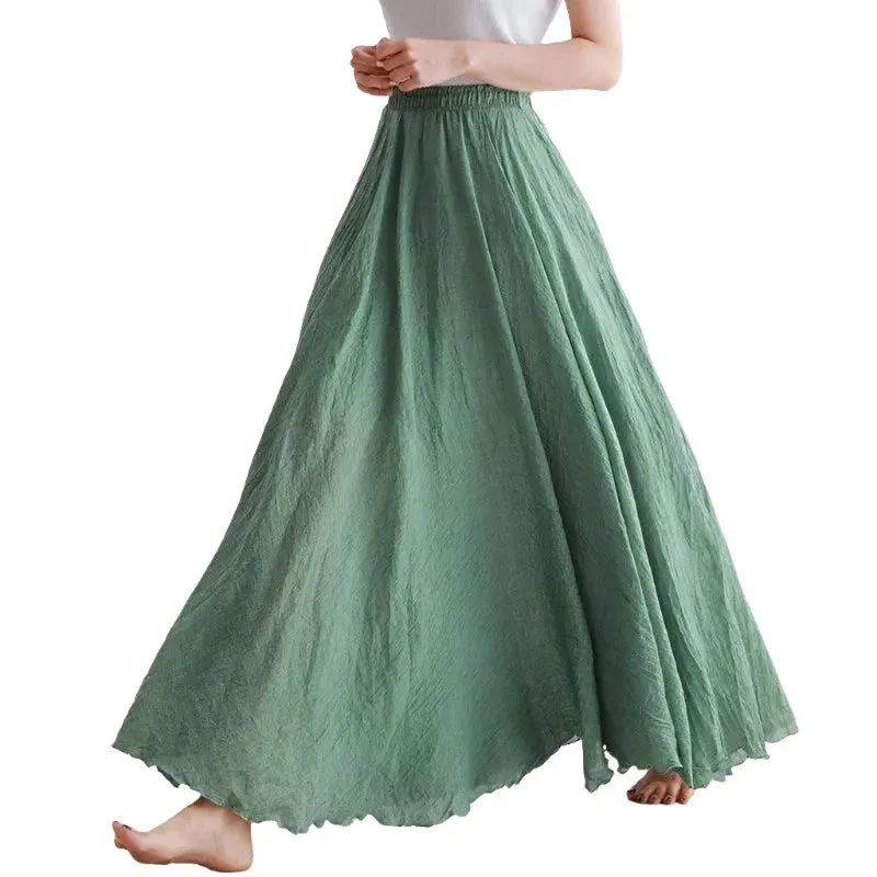 Cotton Linen Maxi Skirt Women Elastic High Waist Pleated A-Line Beach Skirts Boho
